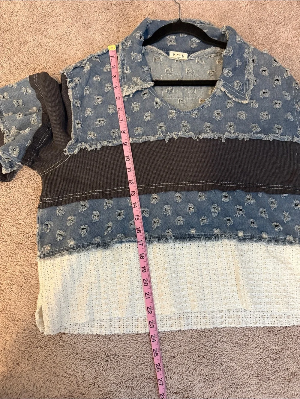 Pol Distressed Patchwork Pullover - Blue, Dark Gray, Cream - Picture 12 of 15